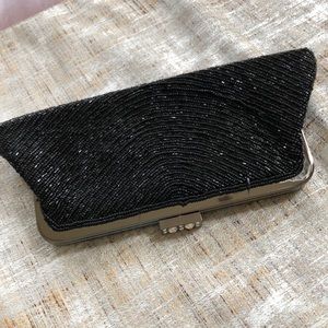 Black beaded evening bag w/ fancy clasp & chain, 9.5 in x 4.5 in, exc condition